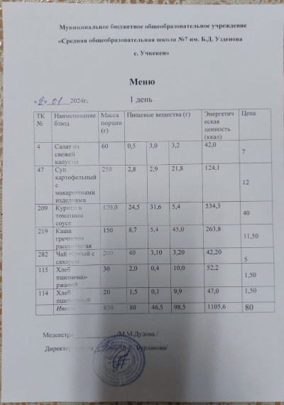 Меню за 9 января 2024 года.